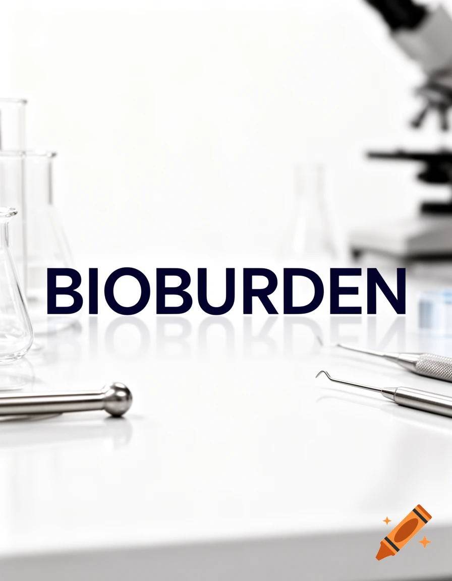 The word BIOBURDEN in bold dark blue text on a white lab table with blurred scientific equipment