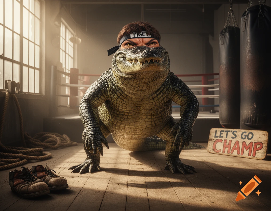 A photorealistic anthropomorphic alligator with human eyes and hair wearing a headband, crouches in a boxing gym with punching bags and a 'LET'S GO CHAMP' sign.