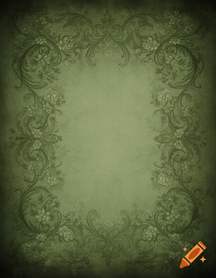 Vintage green background with ornate dark floral scrollwork forming a central frame, textured like old paper.