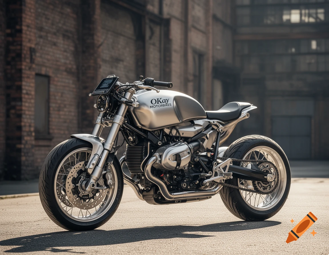 A sleek silver cafe racer motorcycle with "OKay MOTORBIKES" on the tank, parked on asphalt in front of a brick building.