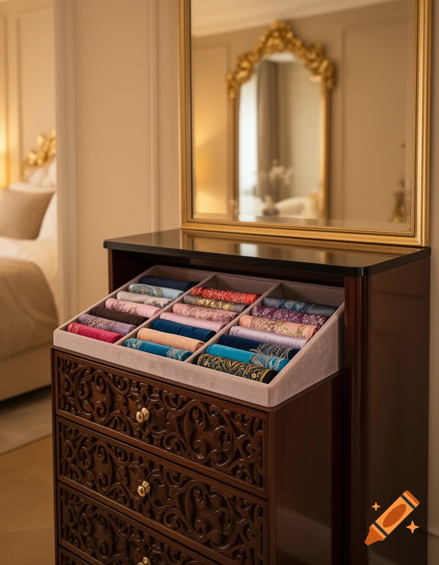 A detailed wooden dresser with an open drawer full of rolled, patterned scarves, and a gold-framed mirror reflecting a bedroom.