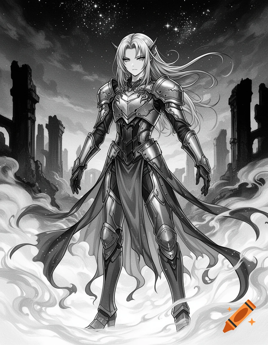A black and white anime style illustration of an armored elf warrior standing amidst ruins under a starry sky.