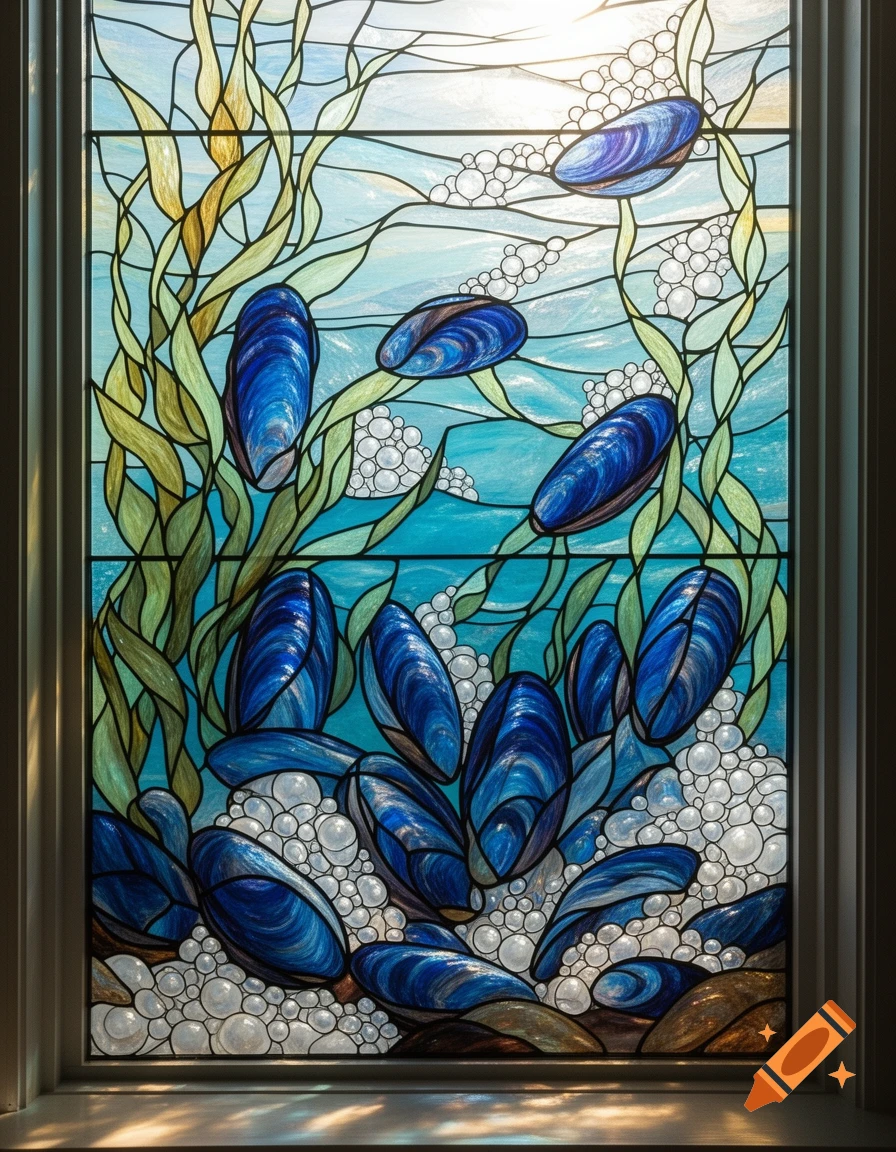 A stained glass window depicts blue mussels and green seaweed in a vibrant underwater scene.