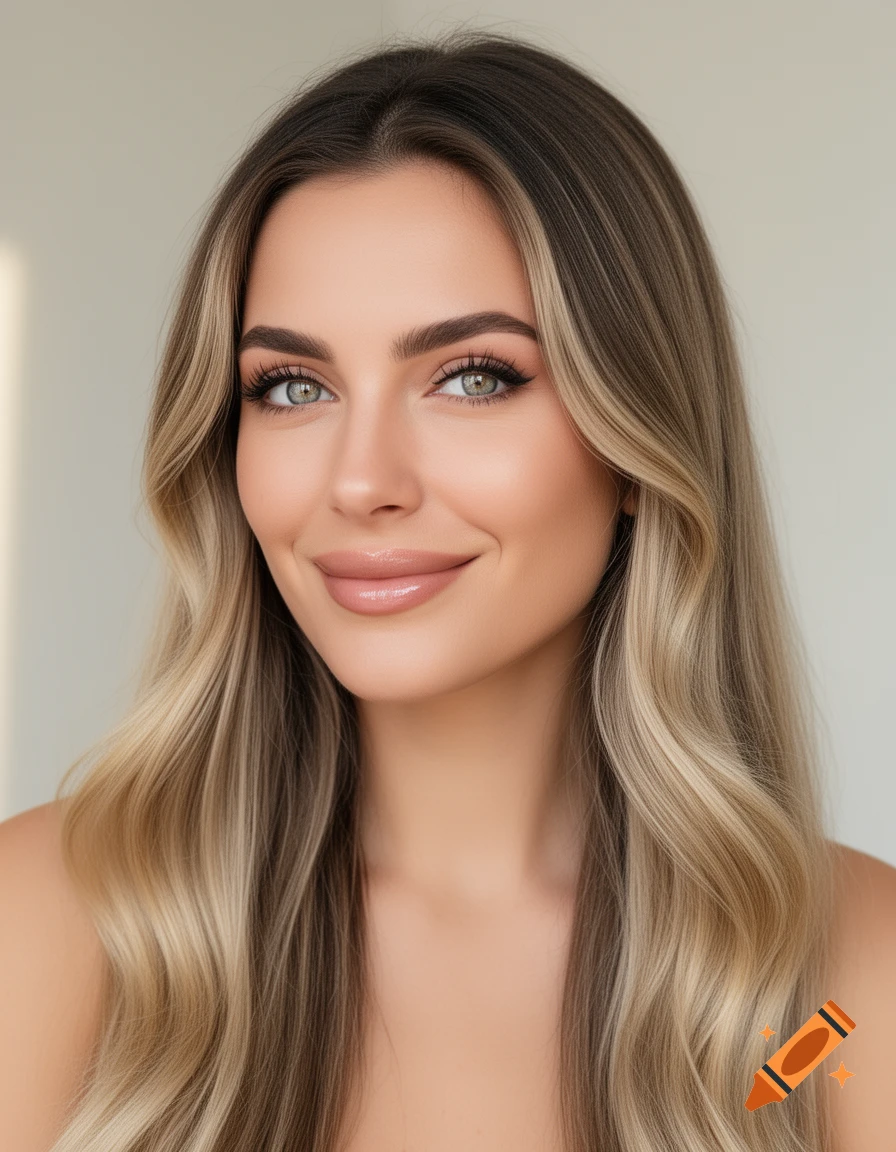 A photorealistic portrait of a woman with an oval face, bright green eyes, a soft smile, and long wavy blonde hair with dark roots.