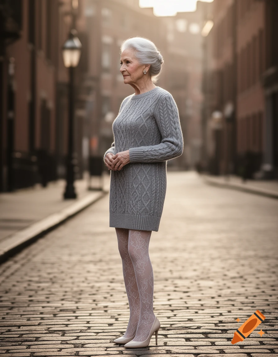 An elderly woman in a grey cable knit sweater dress, white lace tights, and beige high heels stands on a cobblestone street, looking to the left.