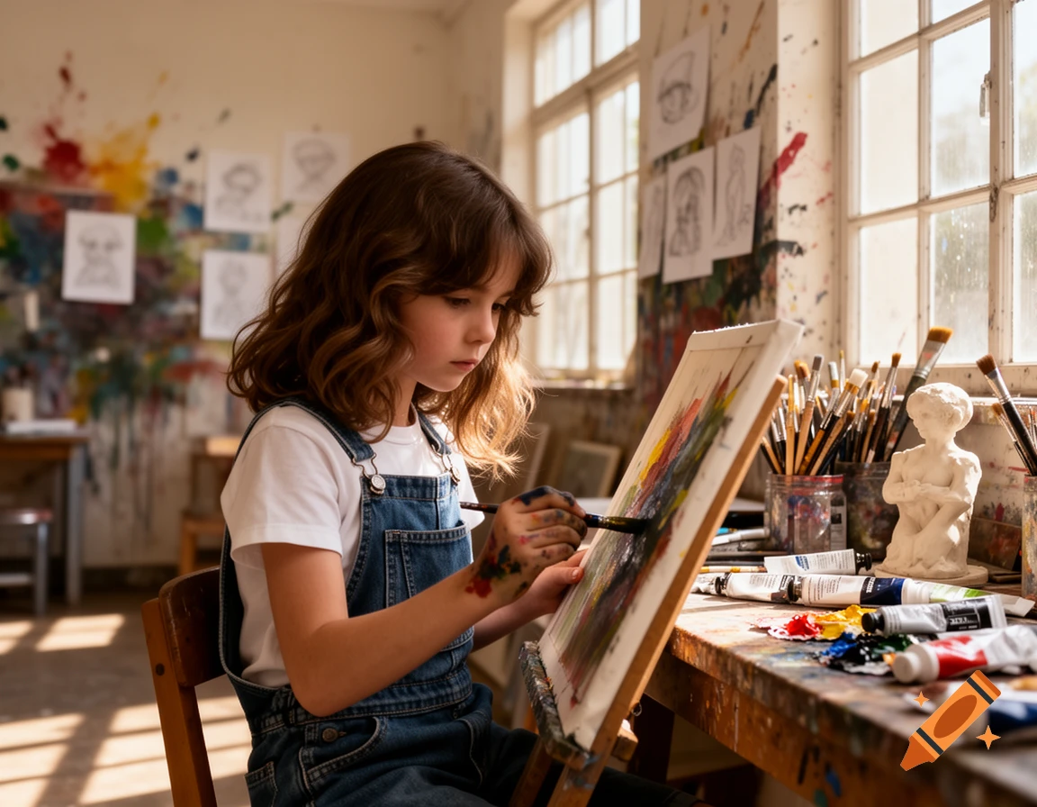 A young girl with brown curly hair in denim overalls sits at a wooden table, painting on an easel in a bright art studio.