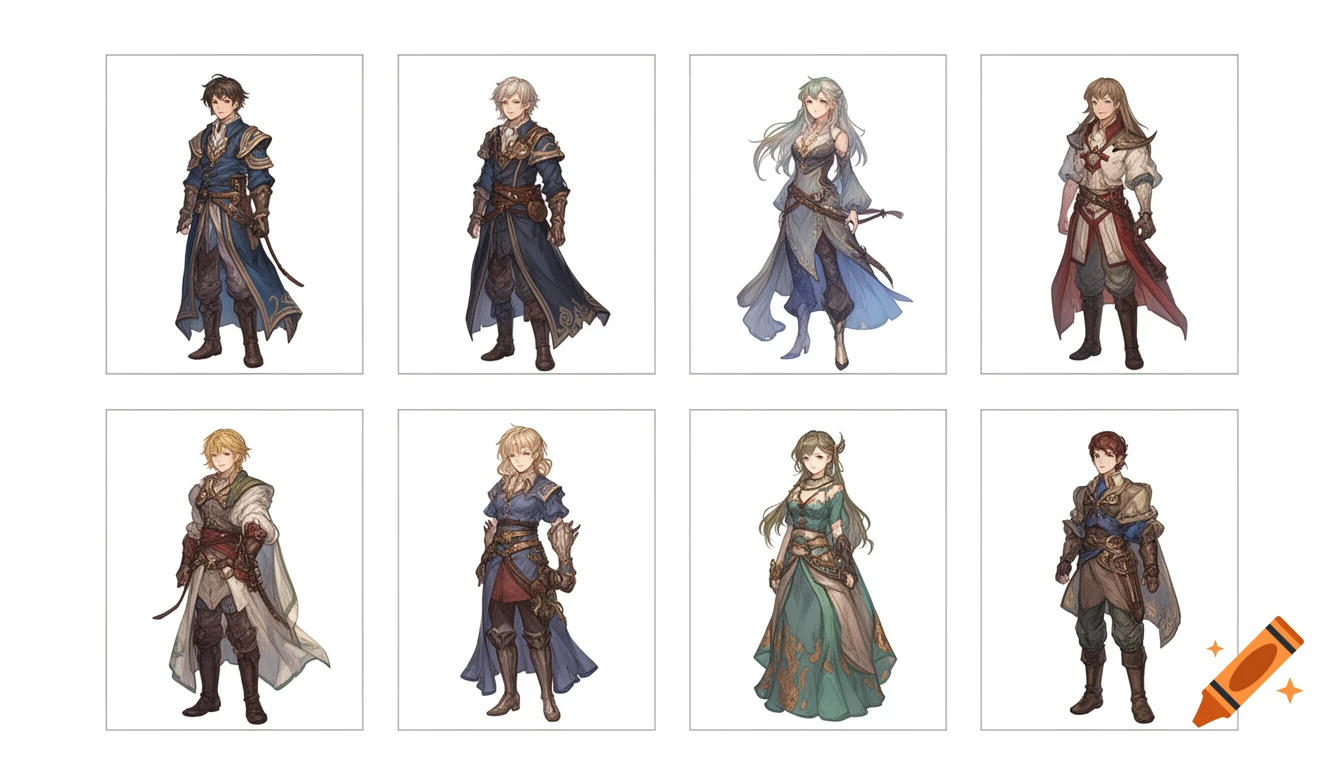 Eight detailed fantasy character illustrations, four male and four female, in various poses and medieval-style attire, against a white background.