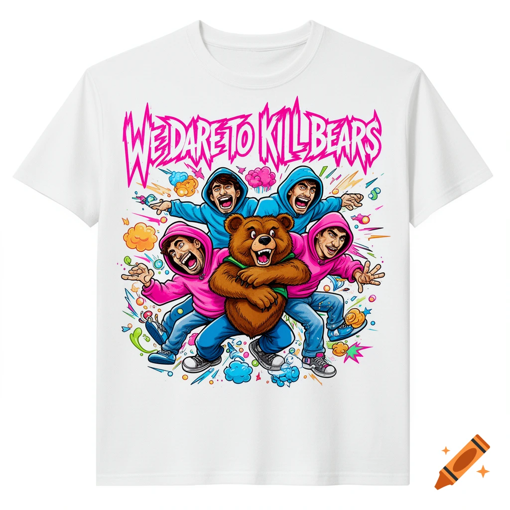Vibrant cartoon T-shirt design featuring a brown bear surrounded by four men in hoodies, with 'WE DARE TO KILL BEARS' text.