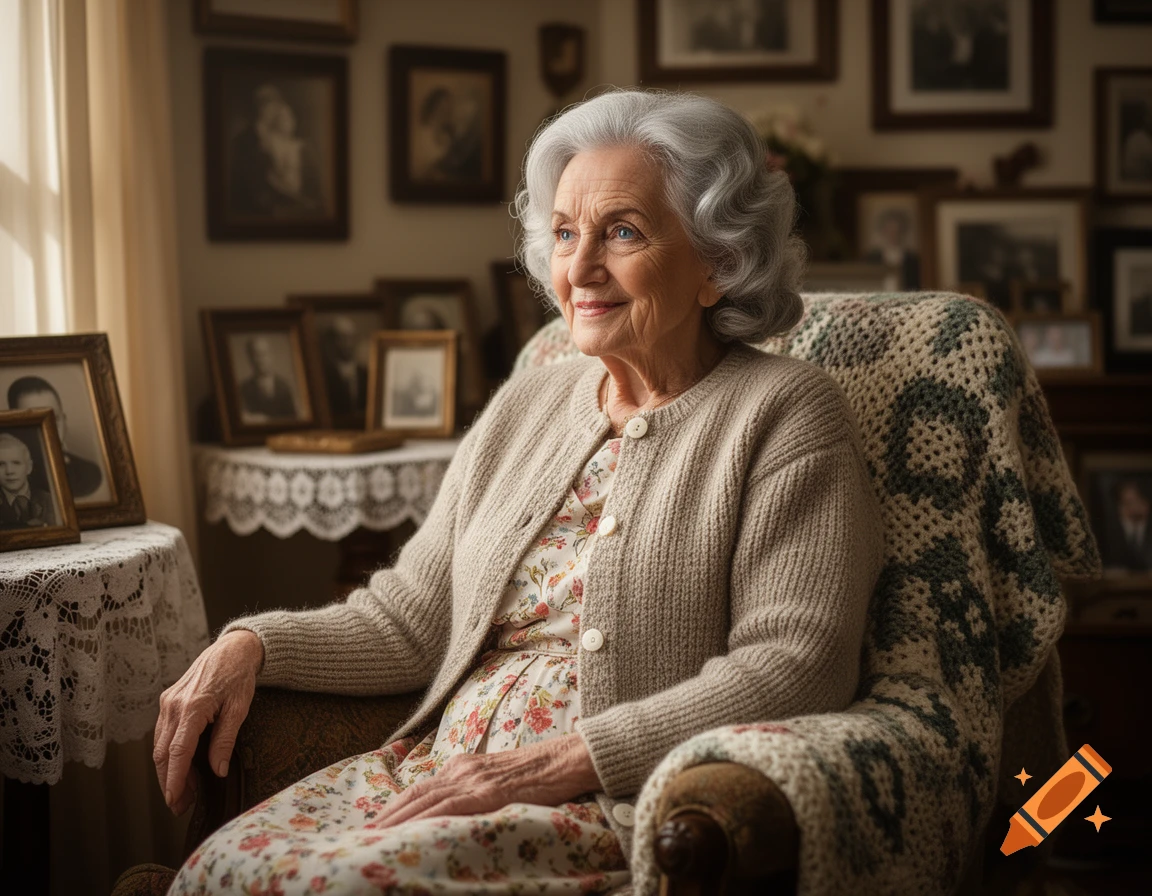 A photorealistic portrait of a smiling elderly woman with grey hair, sitting in a chair in a cozy room filled with framed pictures.