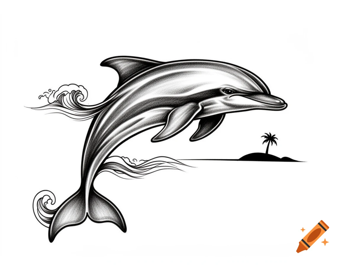 A black and white illustration of a dolphin leaping out of the water with stylized waves, and a small island with a palm tree.