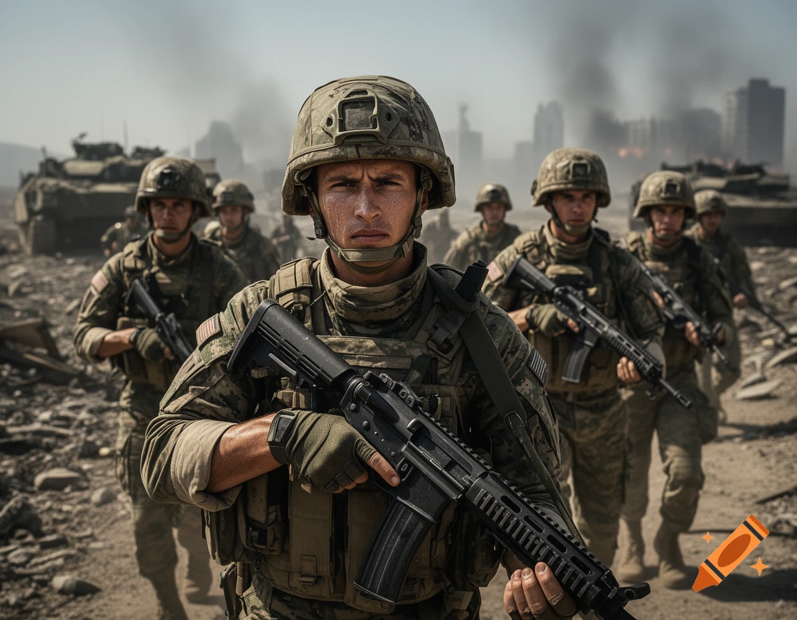 Photorealistic image of soldiers in combat gear walking through a smoky, destroyed urban landscape.