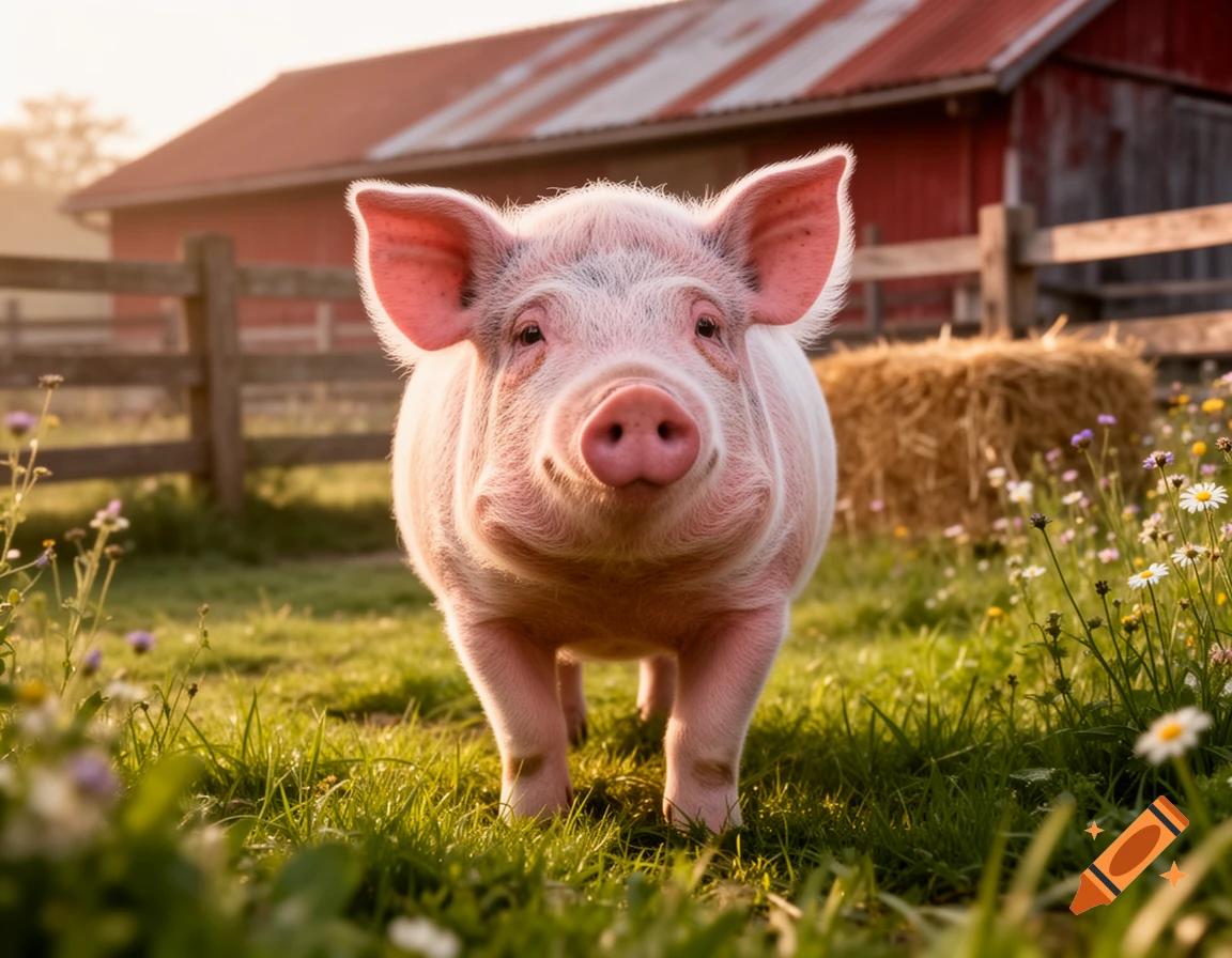 A pink pig stands in a grassy field with wildflowers, a red barn, and hay bale in the background during golden hour.