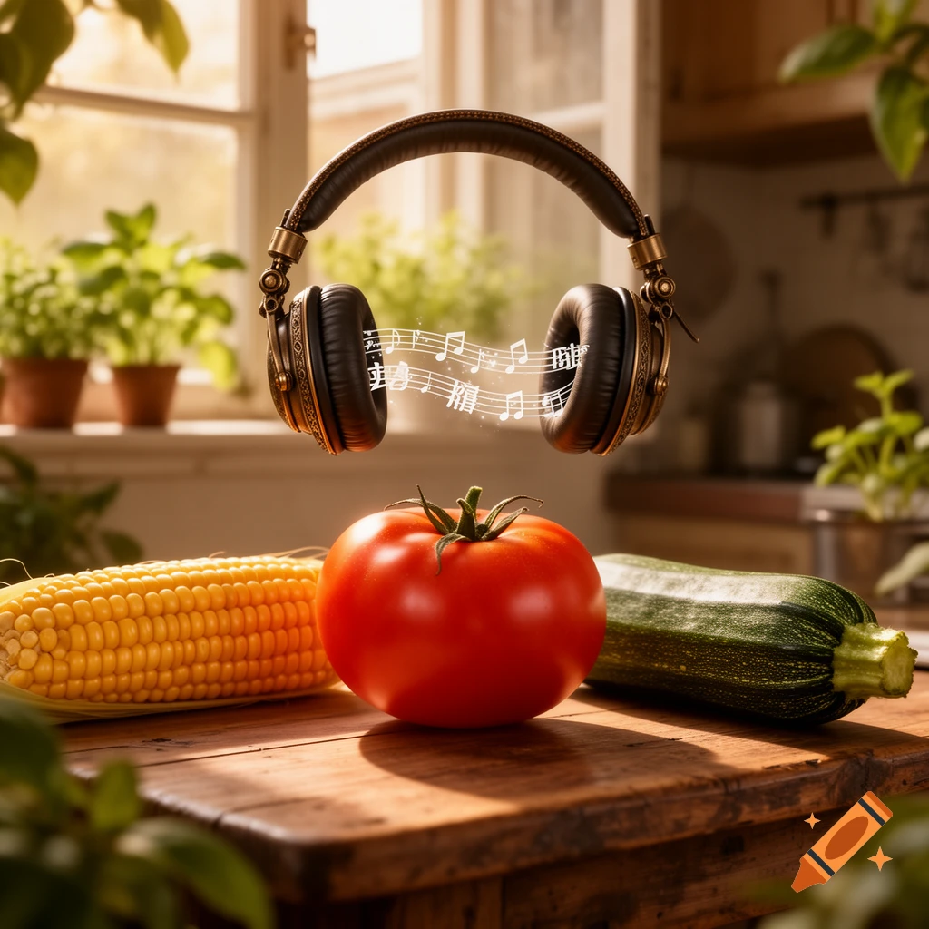An ear of corn, a red tomato, and a green zucchini sit on a wooden table beneath levitating headphones emitting musical notes in a sunlit kitchen.