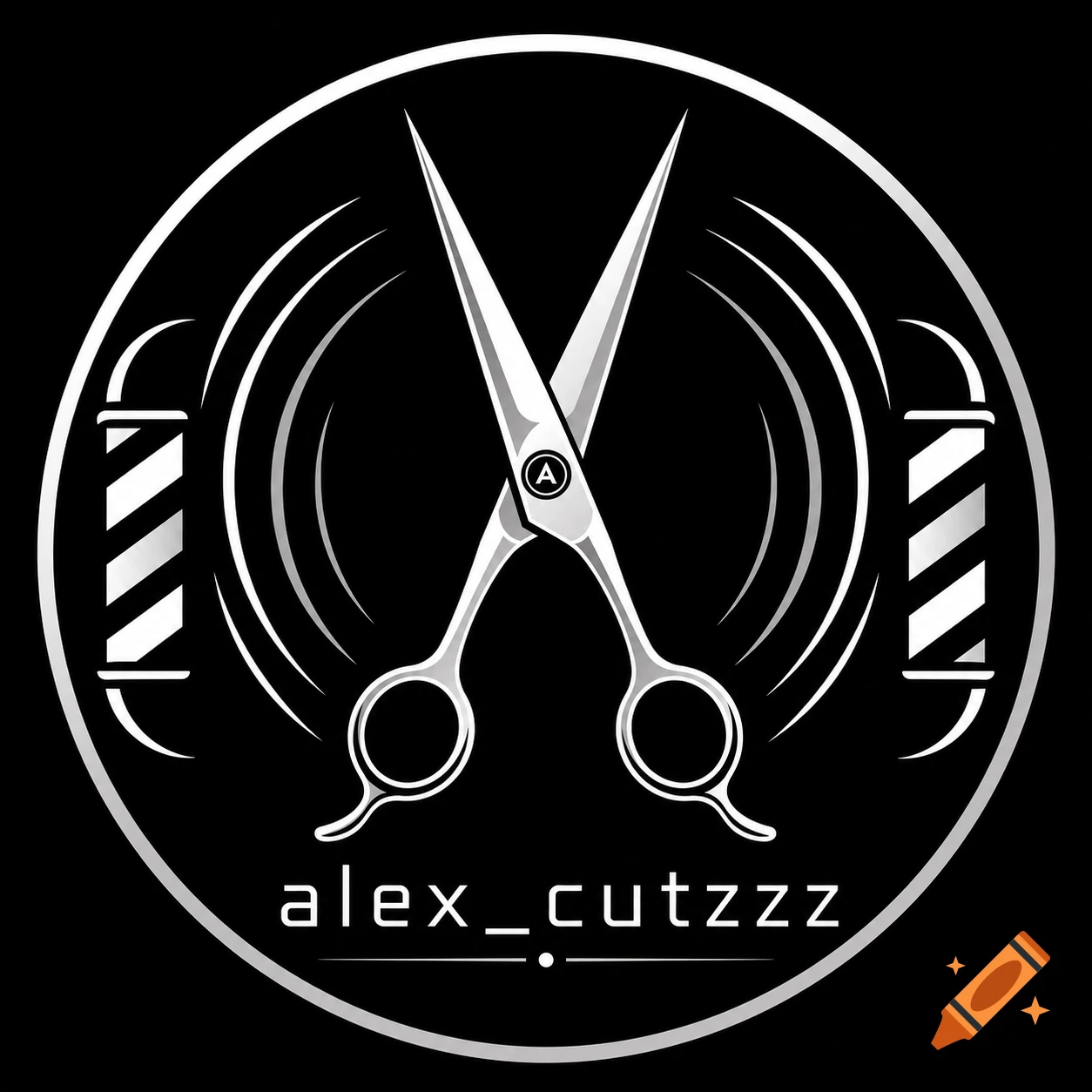 Black and white barber logo with open scissors, a barber pole on each side, and 'alex_cutzzz' text.
