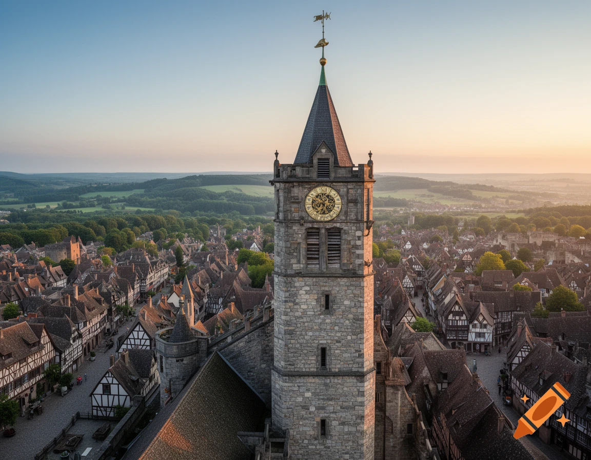 Aerial view of a tall stone bell tower with a clock overlooking a medieval-style town and green hills at sunrise.