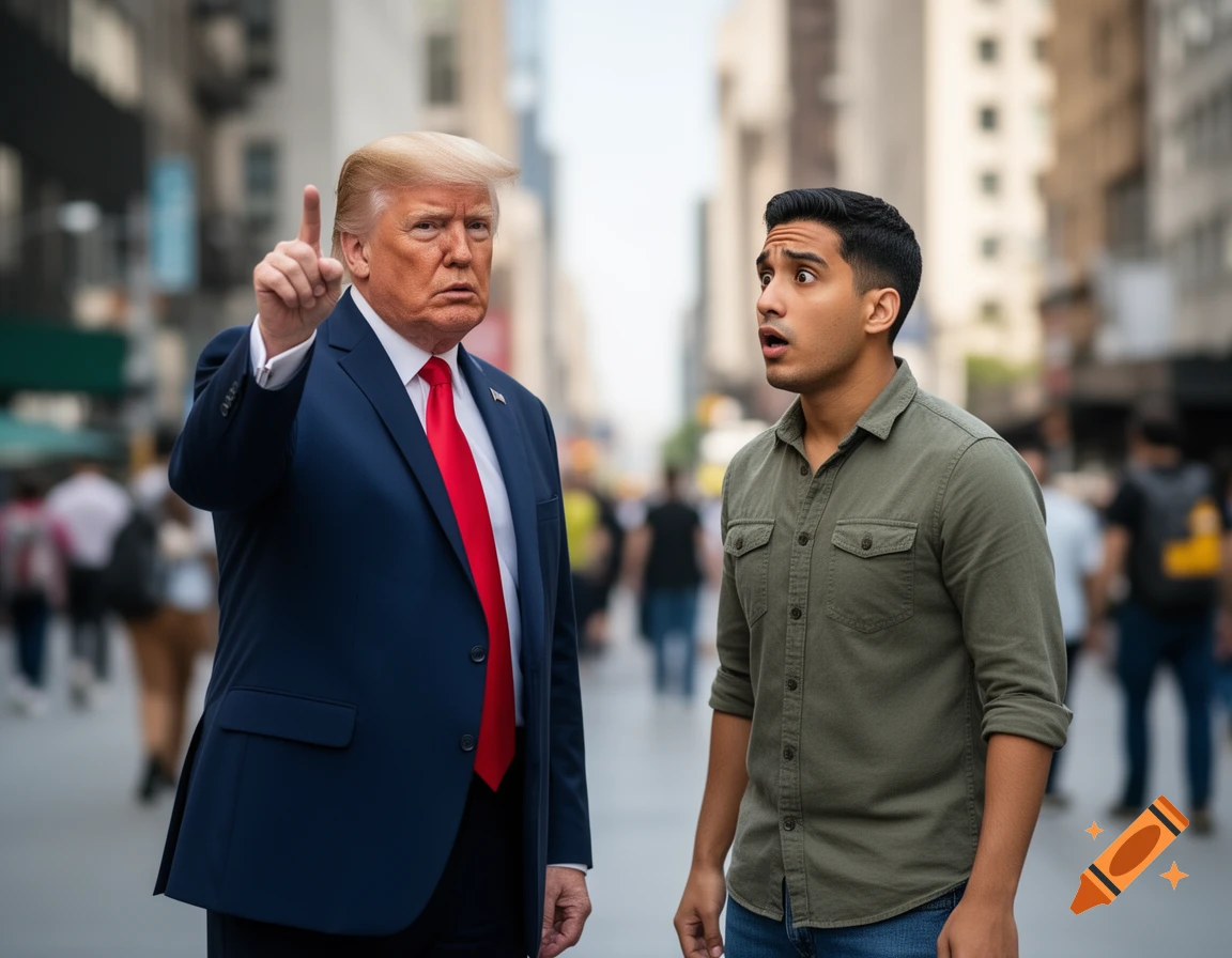 Donald Trump points his finger upward while a surprised man looks on in a bustling city street.