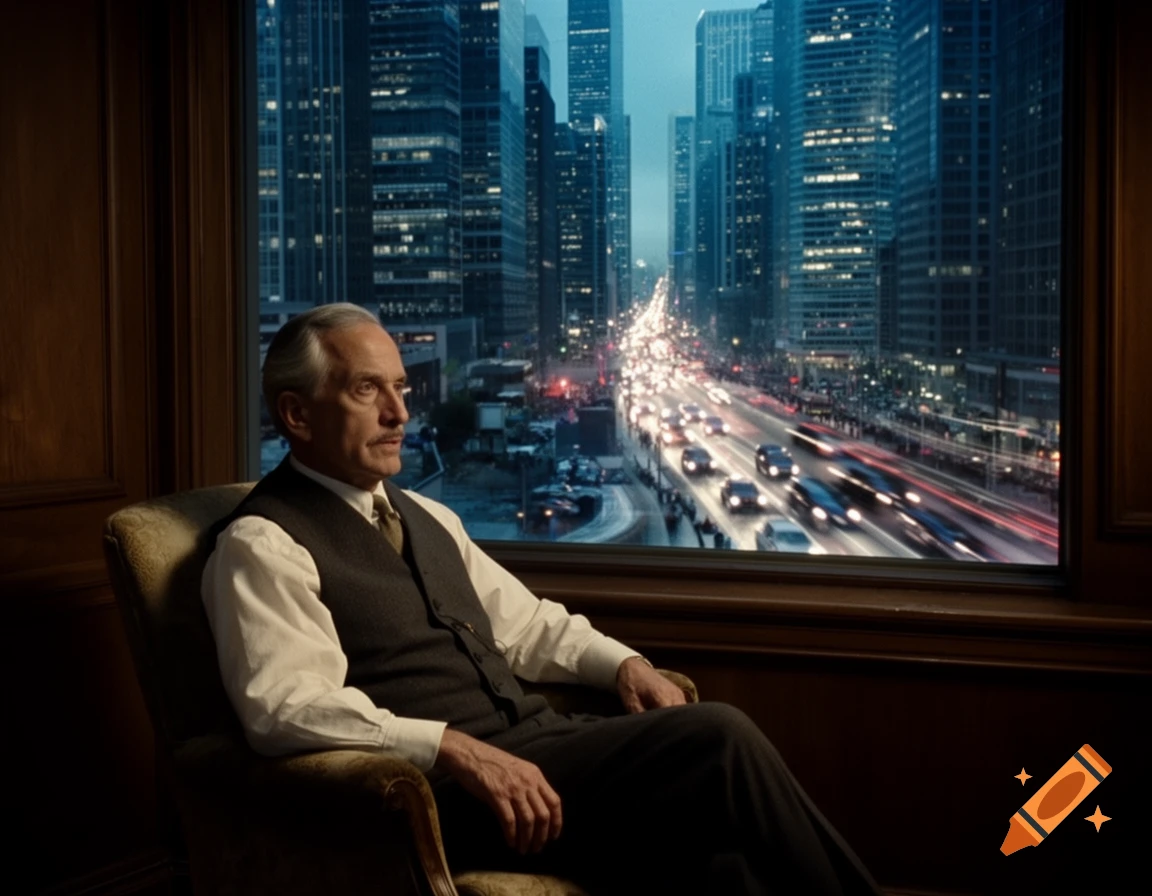Older man sits in a dimly lit room, gazing out a large window at a bustling modern cityscape with glowing lights at dusk.