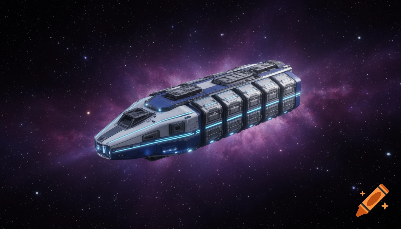 A white and blue cargo spaceship with glowing accents floats in deep space against a purple nebula.