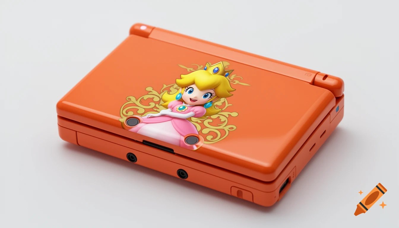 An orange Nintendo DS console with a Princess Peach design on its lid, against a white background.