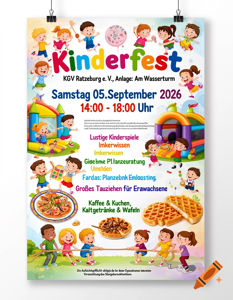 A colorful cartoon poster for a children's festival, depicting various children playing games, bouncy castles, and food like waffles and pizza.
