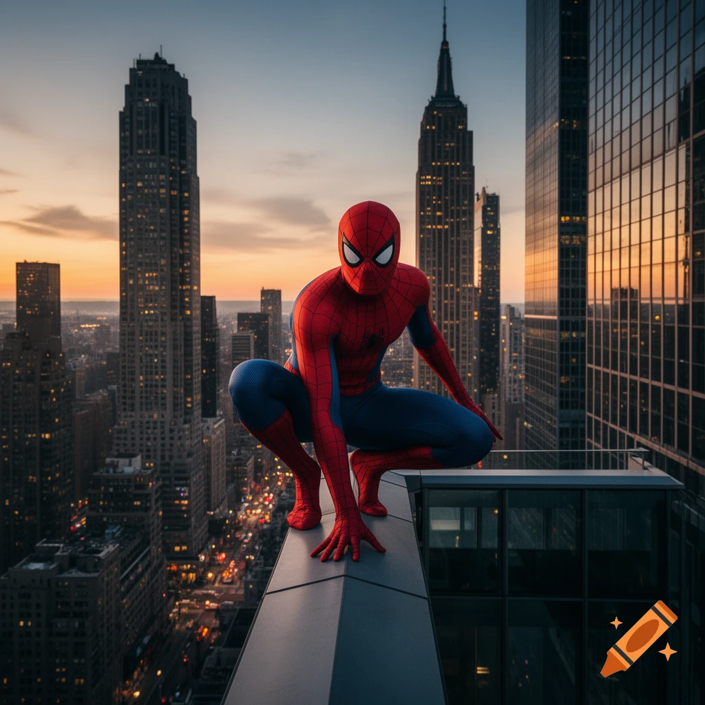 Photorealistic Spiderman crouched on a skyscraper ledge overlooking a bustling city at sunset.