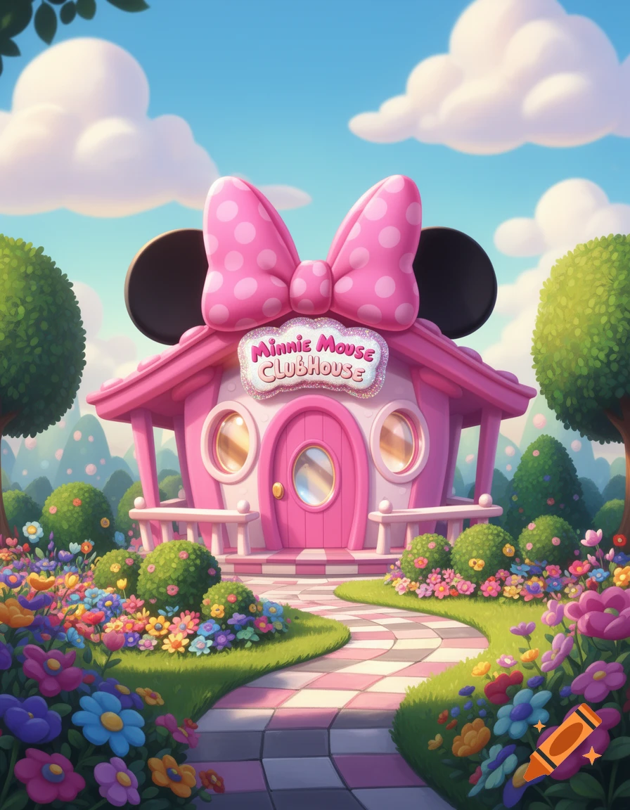 A pink Minnie Mouse Clubhouse, with a big bow and mouse ears, sits in a vibrant cartoon flower garden with a checkered path.