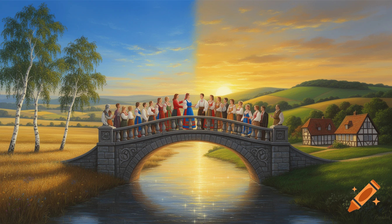 A painting of a stone bridge connecting two landscapes, one with birch trees and golden fields, the other with green hills and half-timbered houses. People in traditional attire meet on the bridge under a split sky, blue on one side and sunset orange on the other.