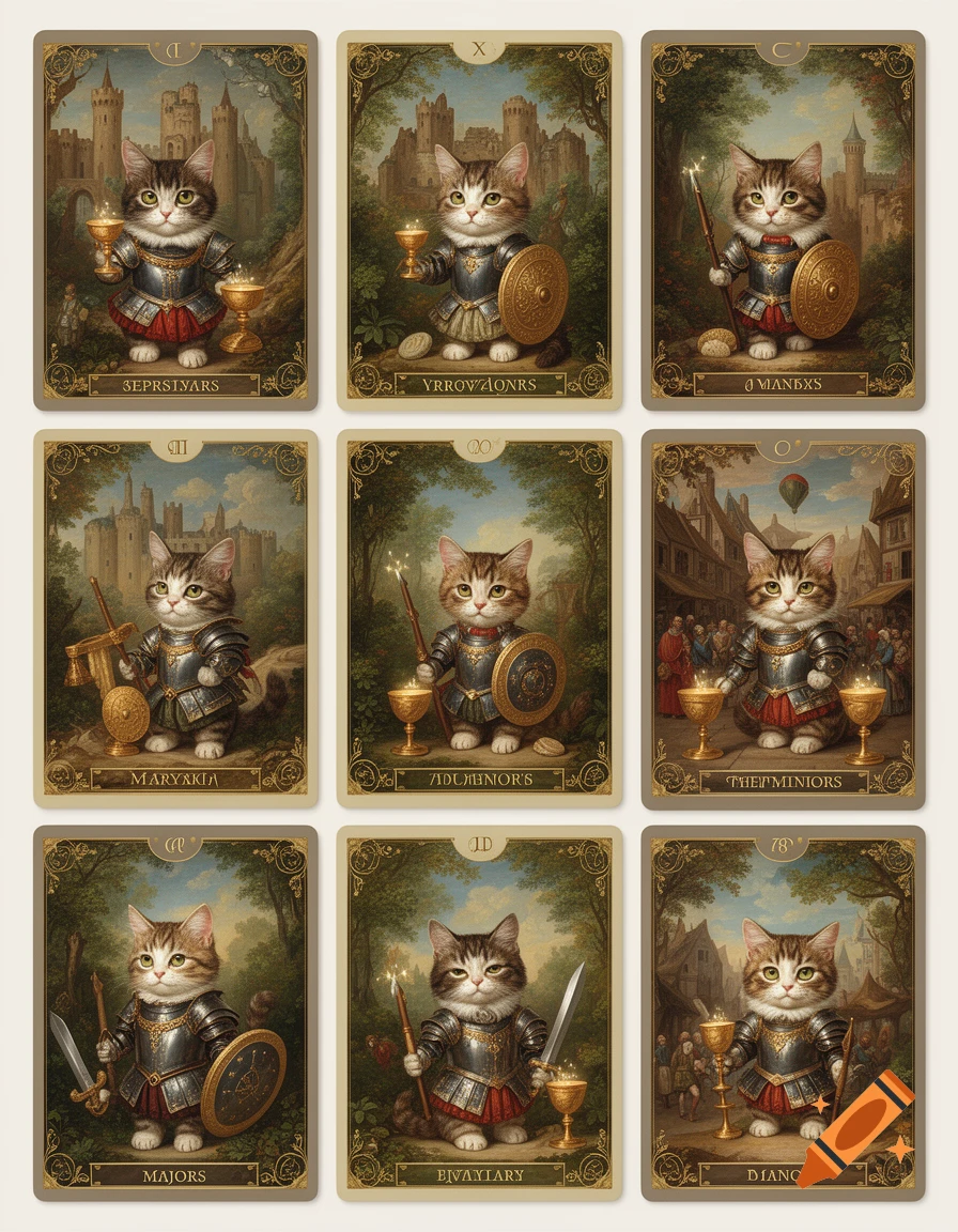 Nine fantasy tarot cards arranged in a grid, each featuring a whimsical cat in renaissance armor holding various objects against a backdrop of castles, forests, and villages.