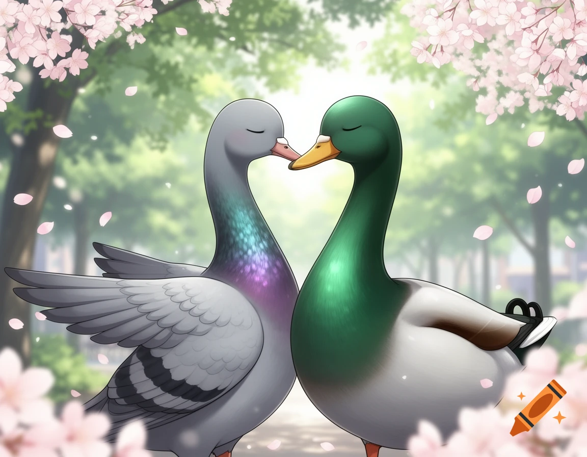 An anime-style image of a pigeon and a mallard duck with closed eyes touching beaks under falling pink cherry blossoms.
