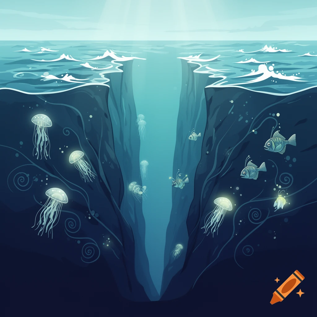 An illustration of a deep ocean trench, possibly the Mariana Trench, with glowing jellyfish, anglerfish, and other marine life in the dark blue water.