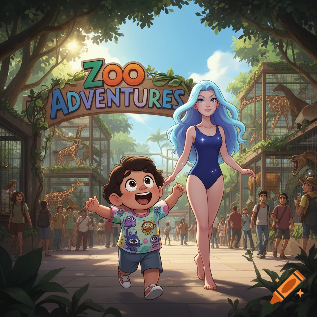 Animated boy and blue-haired woman in a swimsuit at a sunny zoo entrance with 'Zoo Adventures' sign and giraffes.