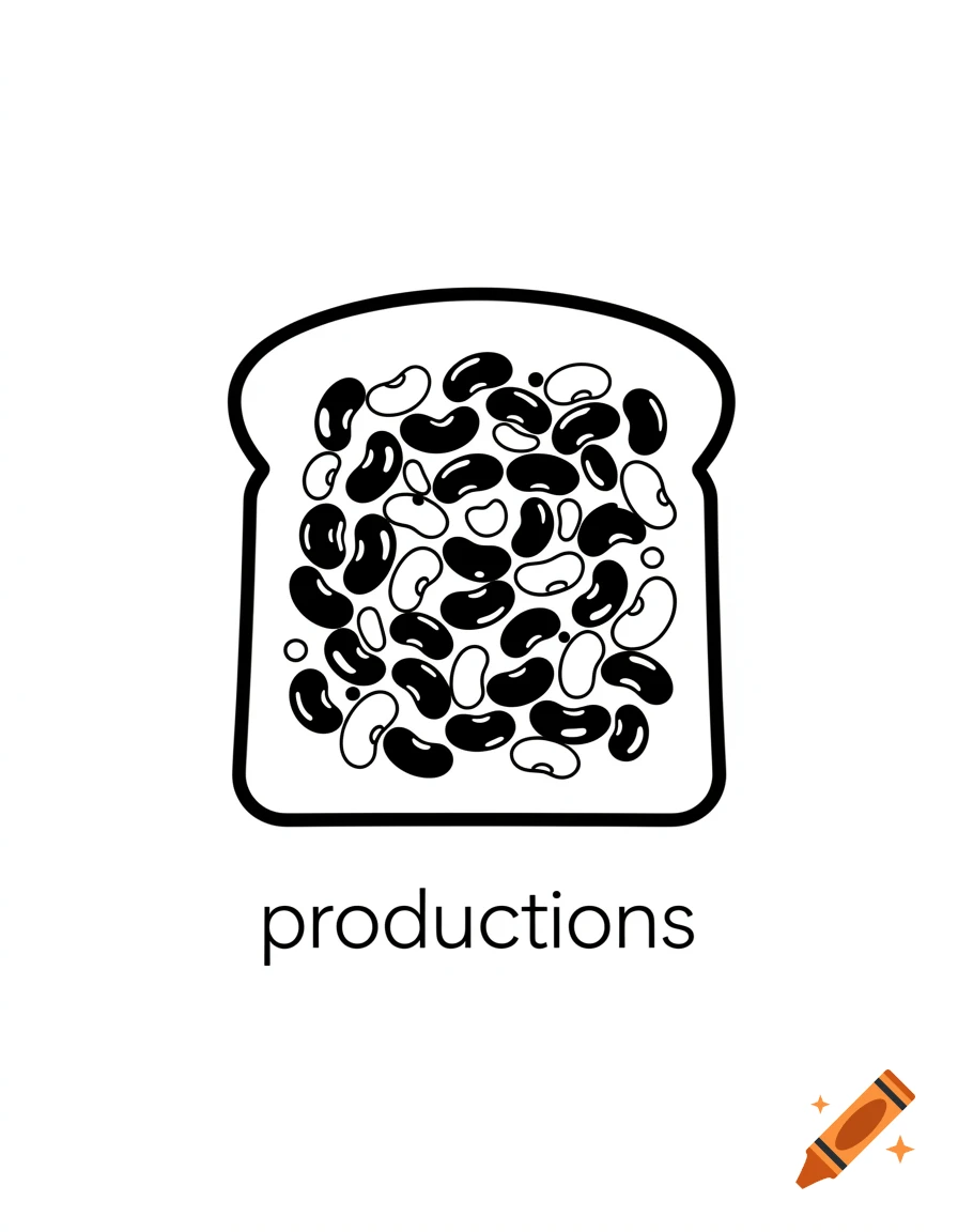 Black and white vector illustration of beans on toast with the word 'productions' underneath.
