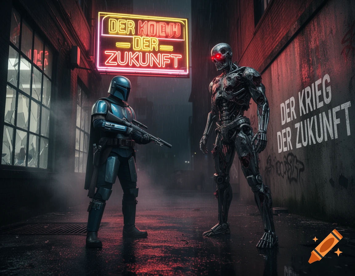 A Mandalorian-like character faces a Terminator-like robot in a dark, rainy alley illuminated by neon signs and red light.