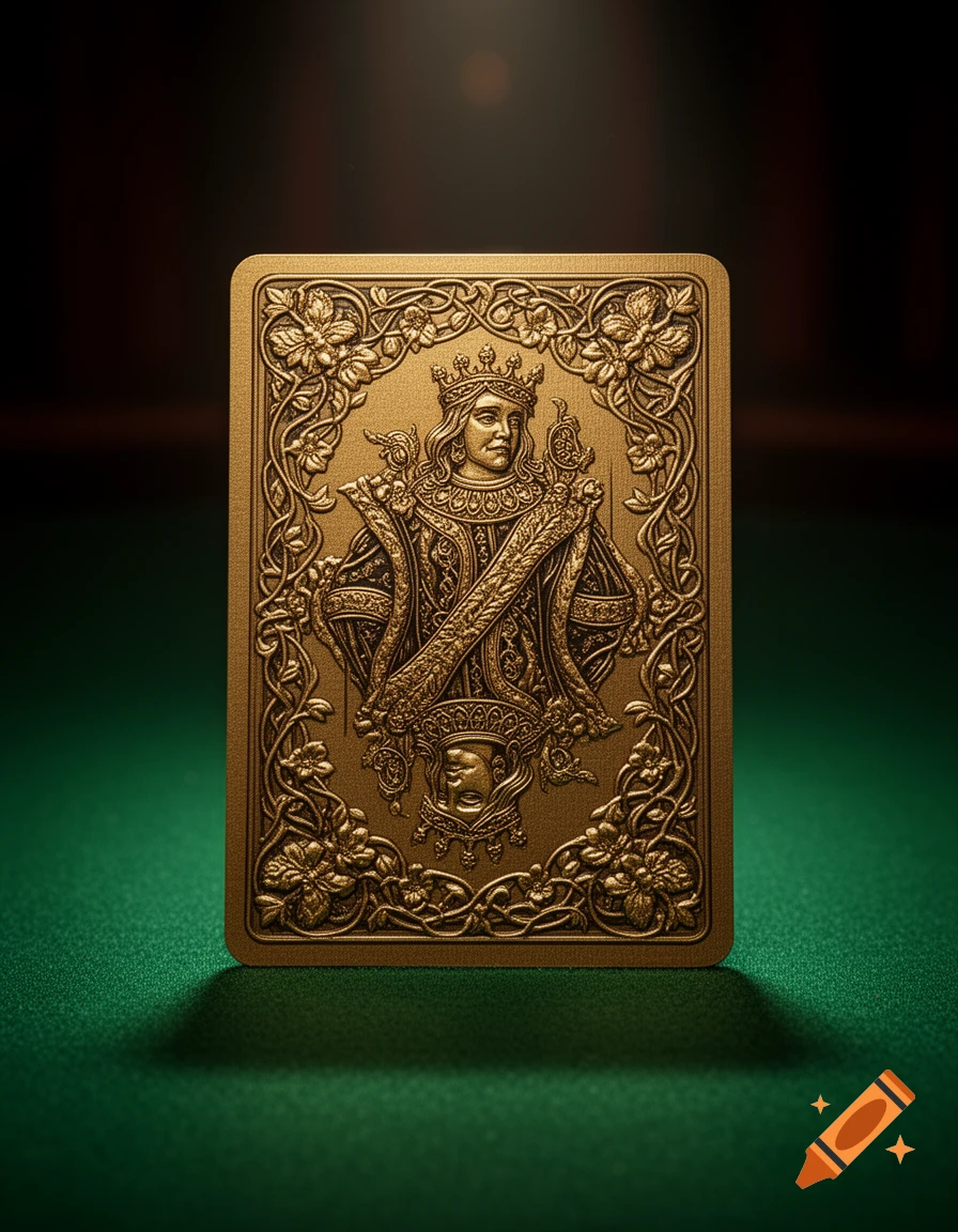 A golden embossed playing card featuring a crowned king, set on a green felt table with dramatic lighting.