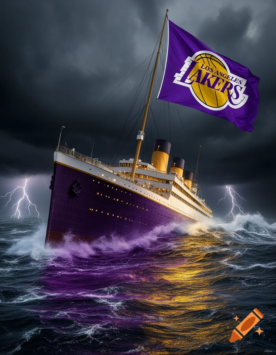A purple and gold Titanic-like ship sails through a stormy sea with lightning, flying a Los Angeles Lakers flag.