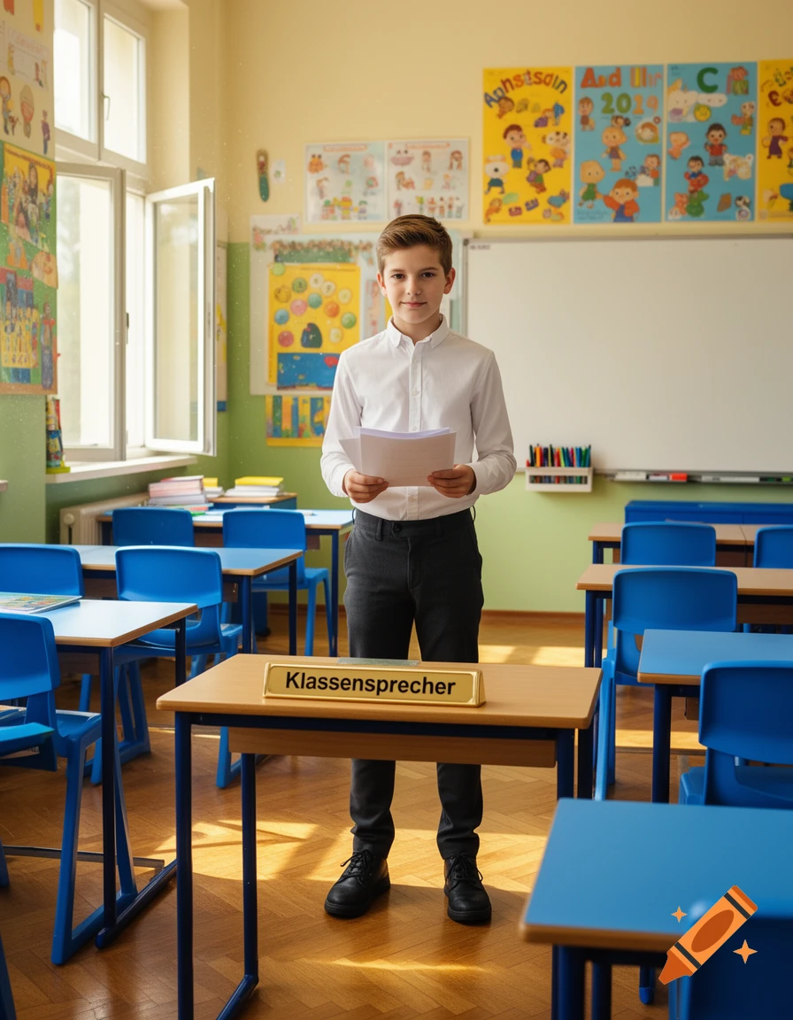 A young boy stands in a classroom, holding papers, with a 'Klassensprecher' nameplate on a desk in front of him. The setting is bright and photorealistic.