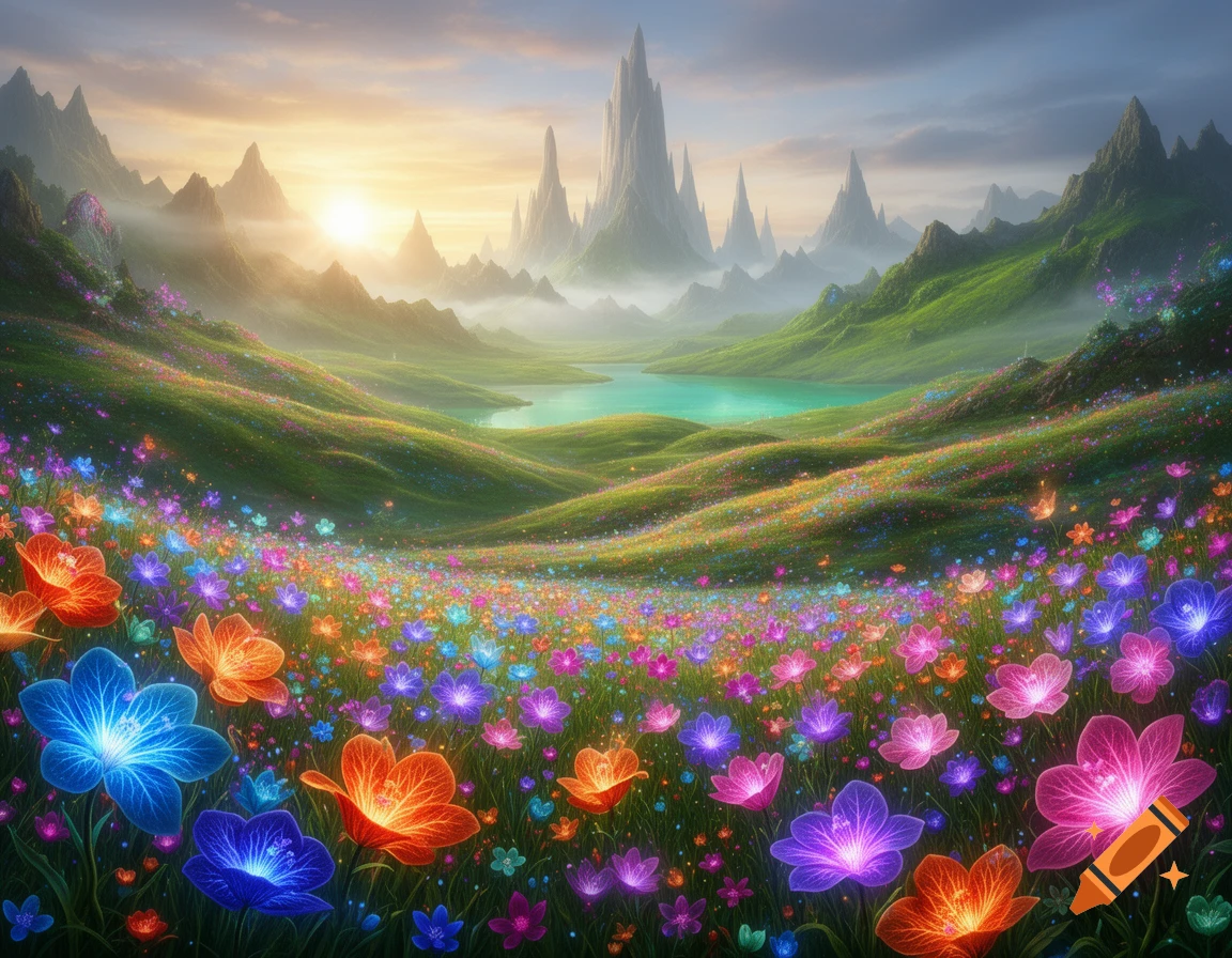 A vibrant fantasy landscape with luminous colorful flowers, rolling green hills, a serene lake, and majestic mountains under a sunset sky.