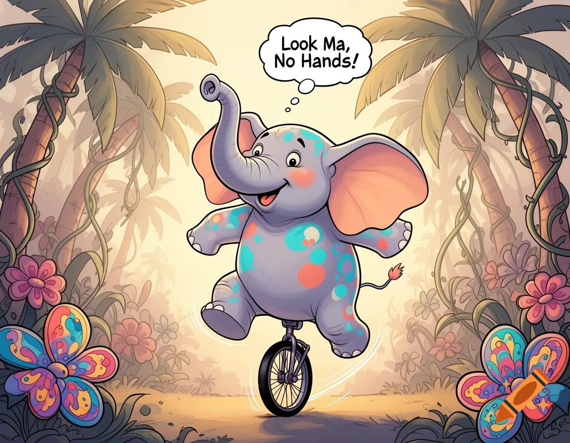 A happy cartoon elephant with colorful spots rides a unicycle in a jungle, exclaiming "Look Ma, No Hands!" in a speech bubble.
