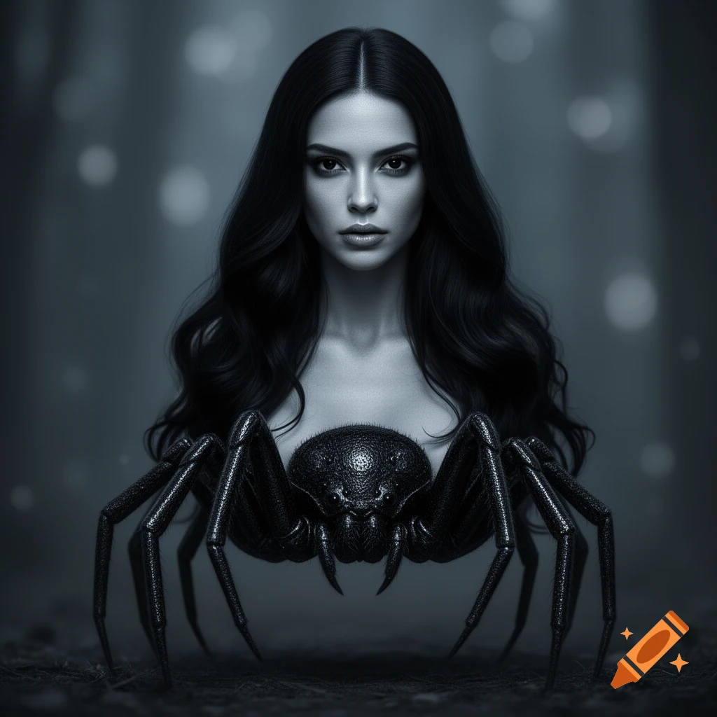 Monochrome portrait of a dark-haired woman merging with a detailed spider lower body, against a blurred dark background.