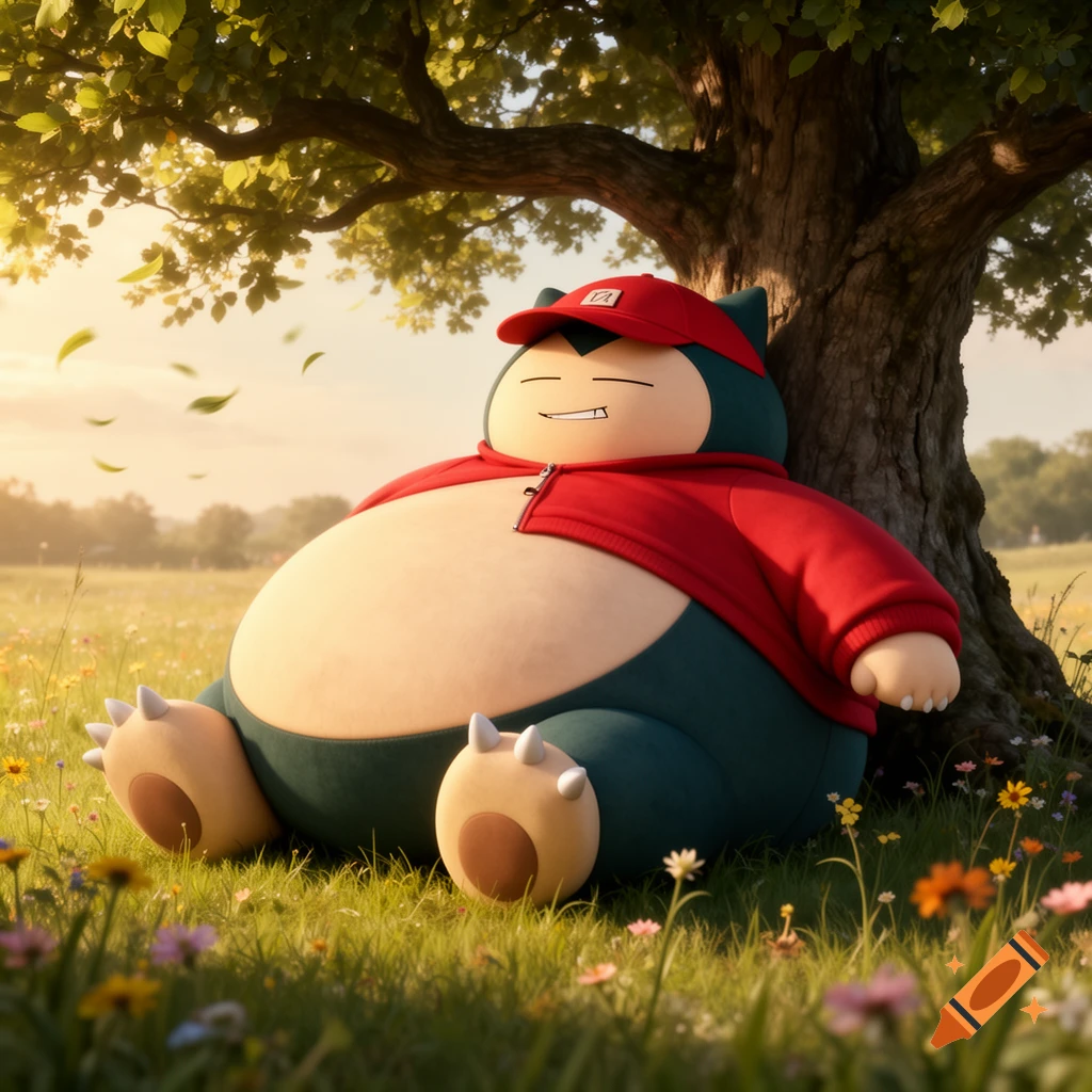 A Snorlax-like character wearing a red cap and jacket sits smiling under a tree in a sunny grassy field with flowers.