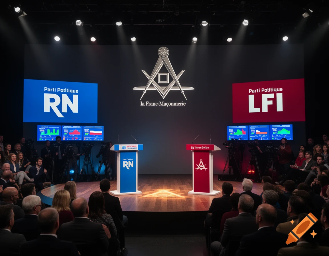 A political debate stage with screens showing 'Parti Politique RN' and 'Parti Politique LFI', separated by a Freemasonry symbol.