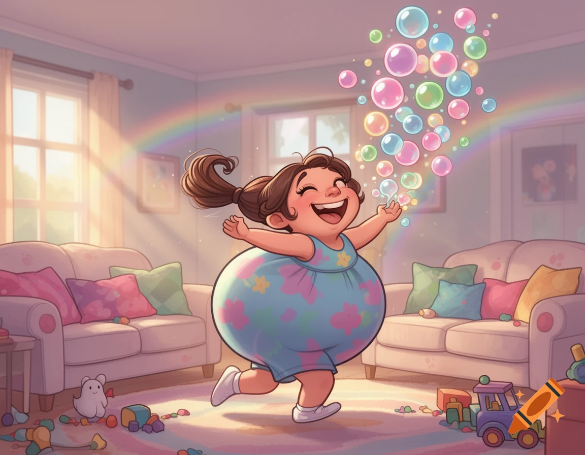 A happy cartoon girl with a big belly runs and smiles as colorful bubbles float around her in a sunny living room.