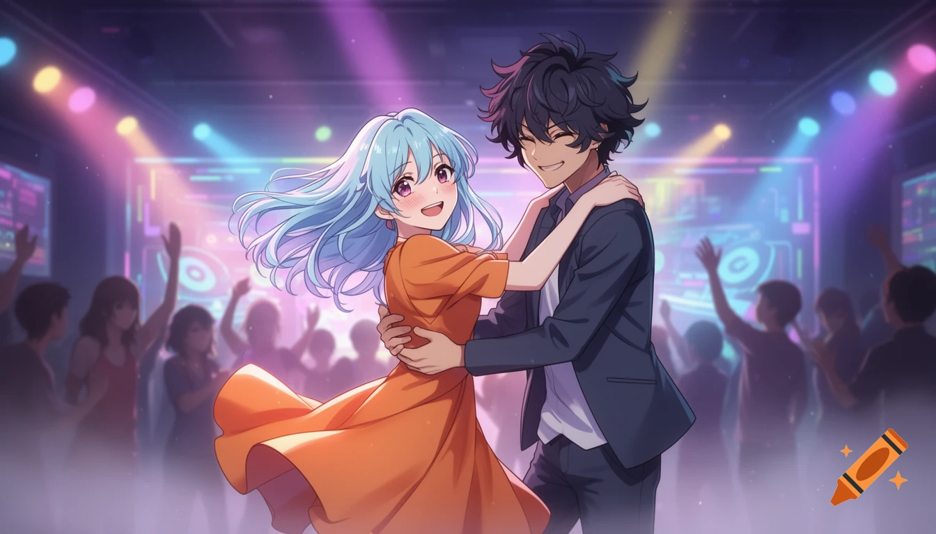 An anime couple dances joyfully in a vibrant, neon-lit club with a blurred crowd in the background.