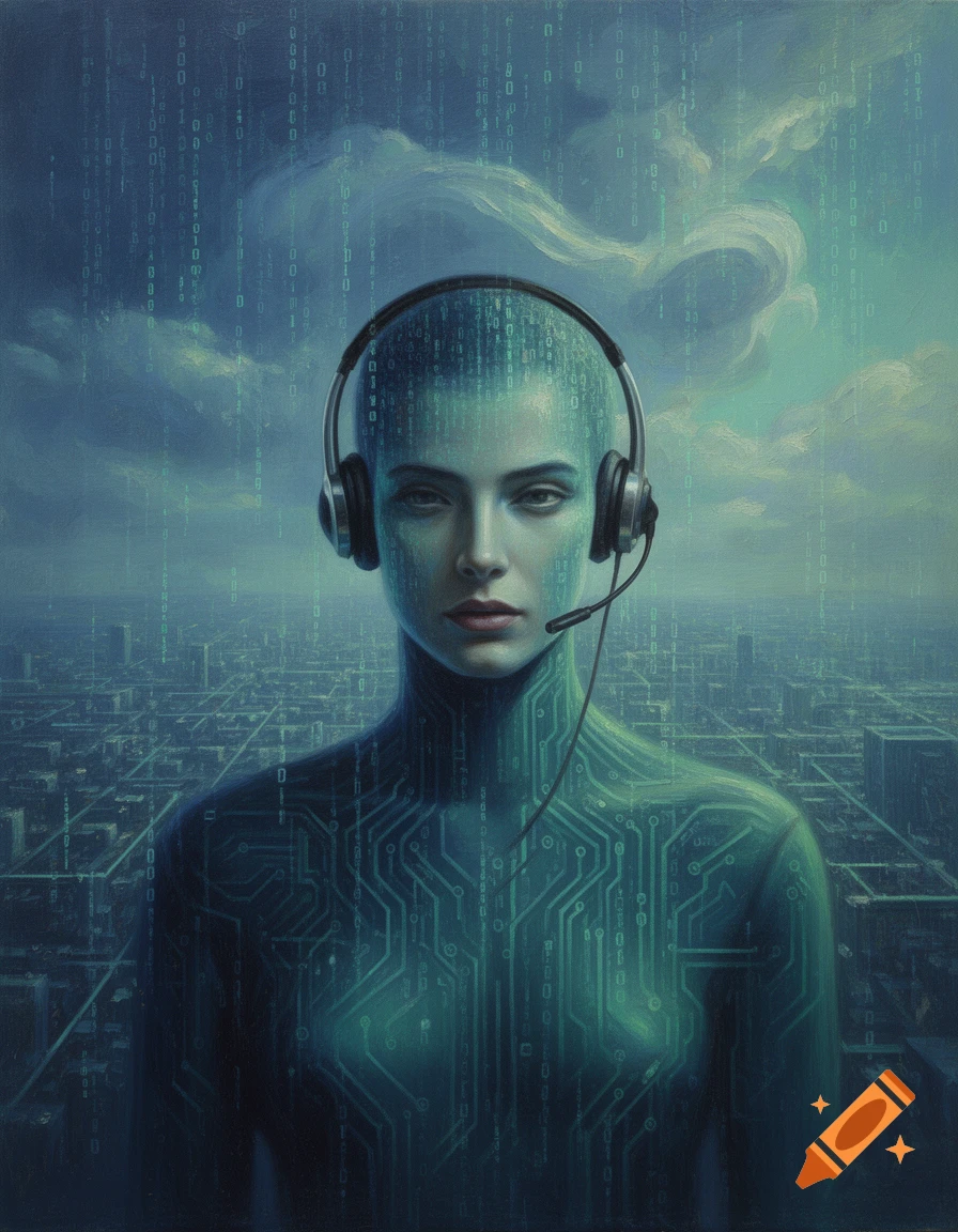 A futuristic person with circuit patterns on their skin, wearing headphones with a mic, stands before a cityscape with binary code falling like rain, in an oil painting style.