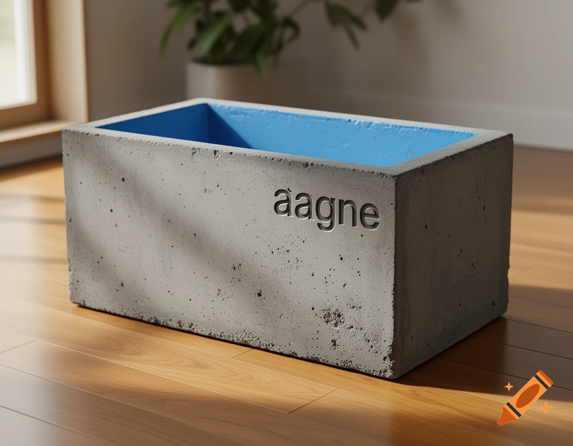 Photorealistic concrete rectangular planter with a bright blue interior and 'aagne' engraved on the side, on a wooden floor.
