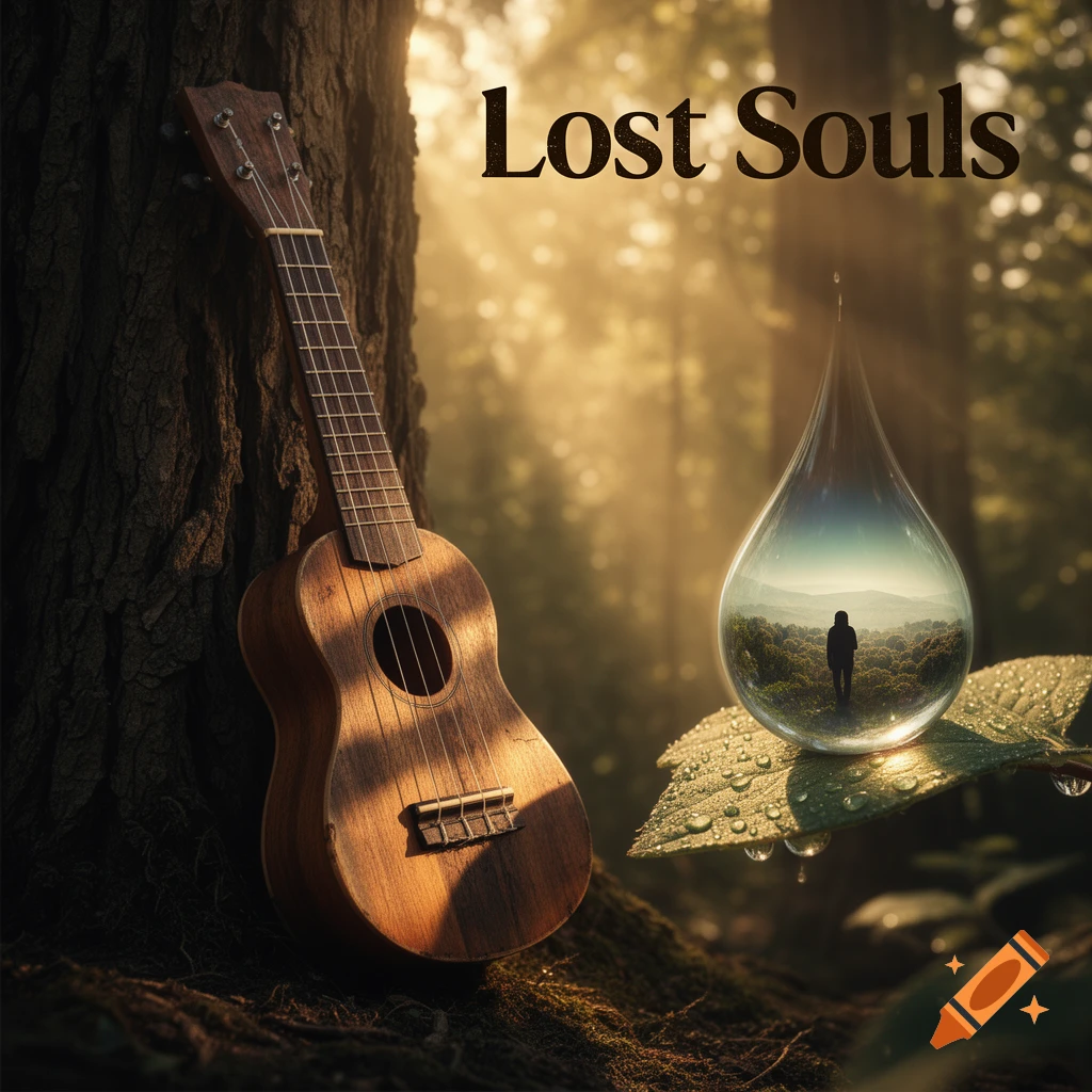 A wooden ukulele leans against a tree in a sunlit forest. A large raindrop on a leaf reflects a silhouette. Text: 'Lost Souls'.