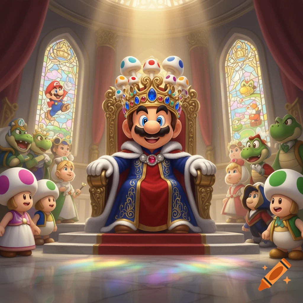 King Mario sits on a golden throne in a regal castle hall, wearing a crown adorned with mushrooms. Various Super Mario characters surround him.
