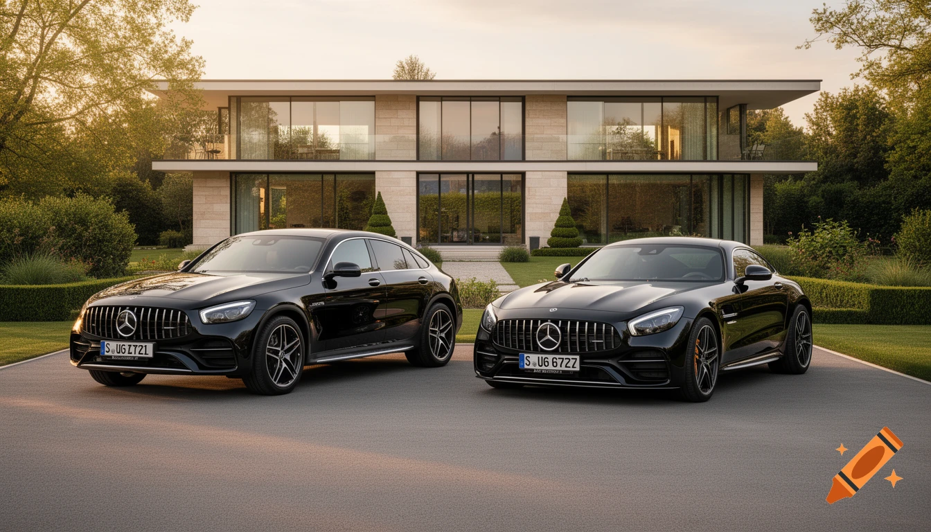 Two black Mercedes-Benz cars, an SUV-coupe and a sports car, parked on a driveway in front of a modern house at sunset.