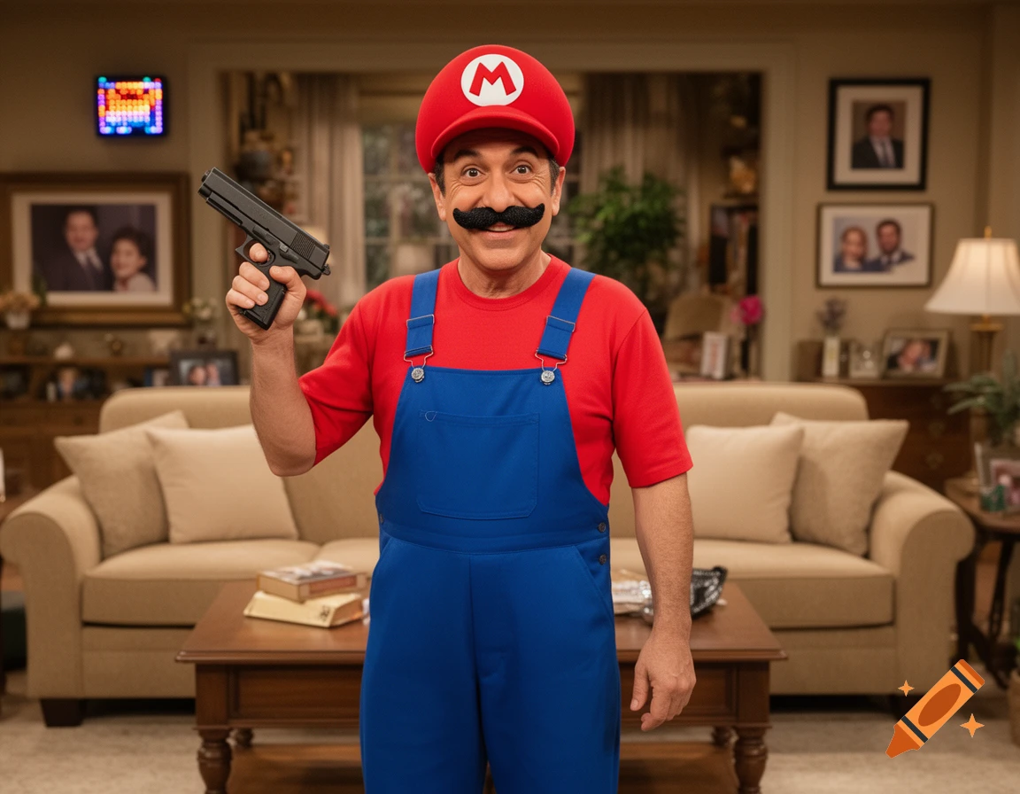 A man dressed as Mario, with a mustache and a red cap with an 'M', holds a gun in a sitcom-like living room.