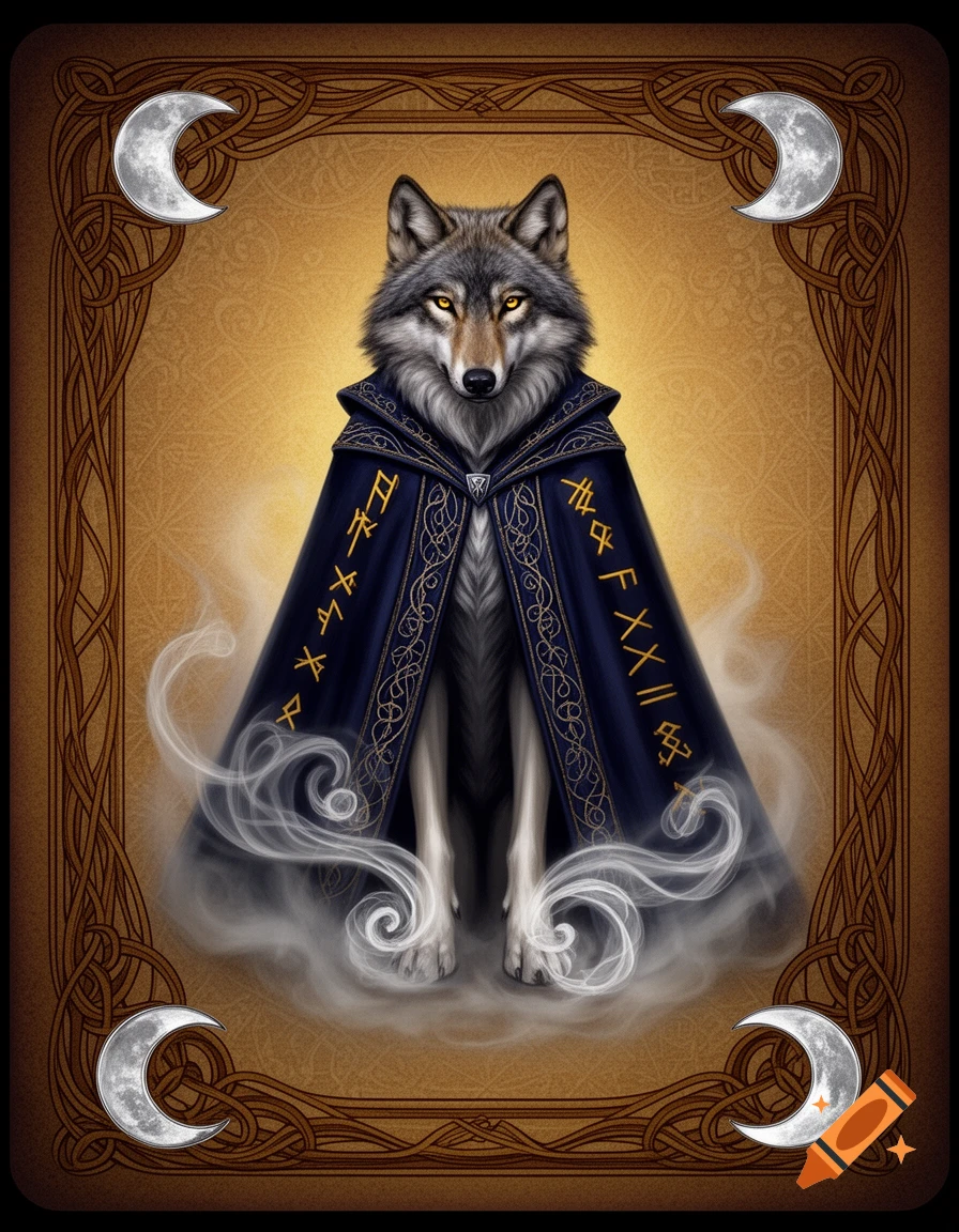 A majestic wolf in a dark blue, gold-trimmed magician's cape with decorative symbols, stands amidst swirling smoke within an ornate golden frame featuring four crescent moons, designed as a playing card back.